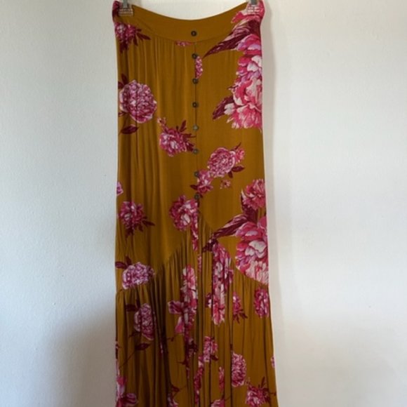 Living Doll Boho Tan Pink Floral Long Skirt - Picture 4 of 5